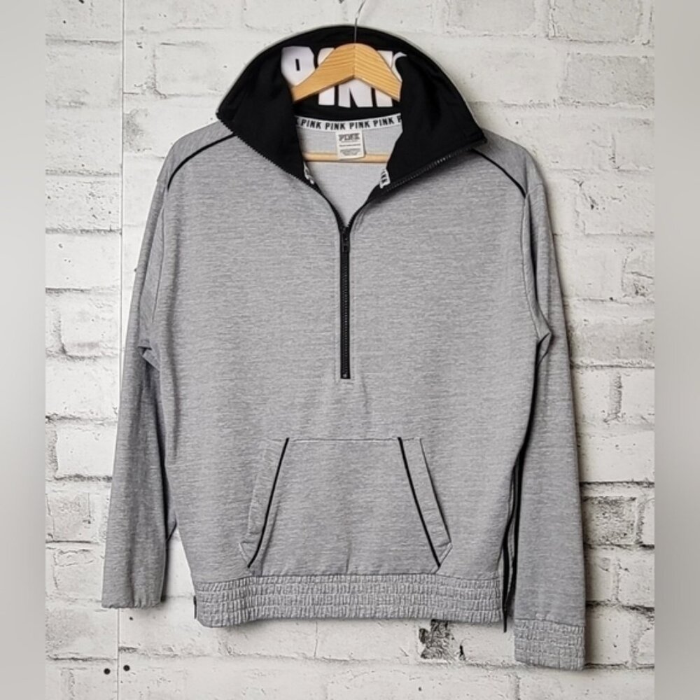 VS PINK Half Zip Hoodie Gray Black Logo Pullover Kangaroo Pocket XS